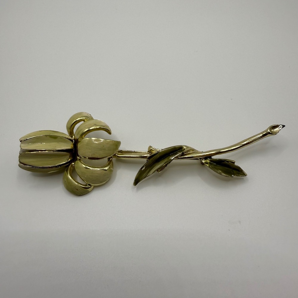 Coro Vintage Gold‎ Tone Enamel Tulip Flower Brooch Pin with Faux Pearl Accent